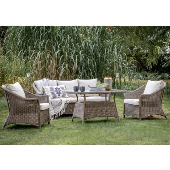 Pecox Outdoor Poly Rattan Lounger Dining Set In Natural_1
