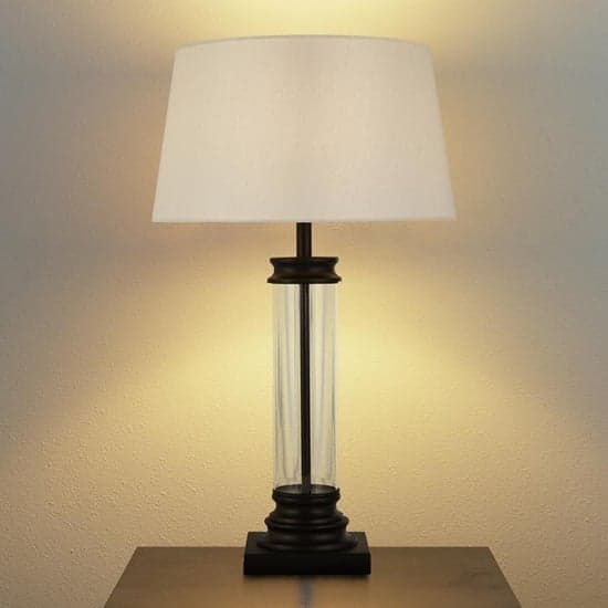 Pedestal Cream Fabric Shade Table Lamp In Black_1