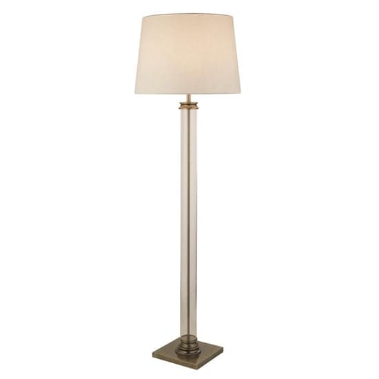 Pedestal White Fabric Shade Floor Lamp In Antique Brass_1