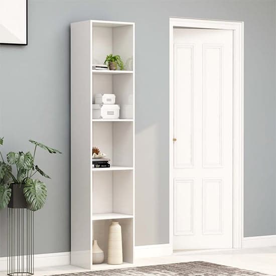 Peniel Tall High Gloss Bookcase With 5 Shelves In White_1