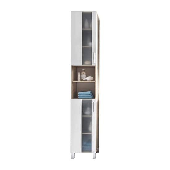 Perco Tall Bathroom Storage Cabinet In White And Sagerau Oak_3