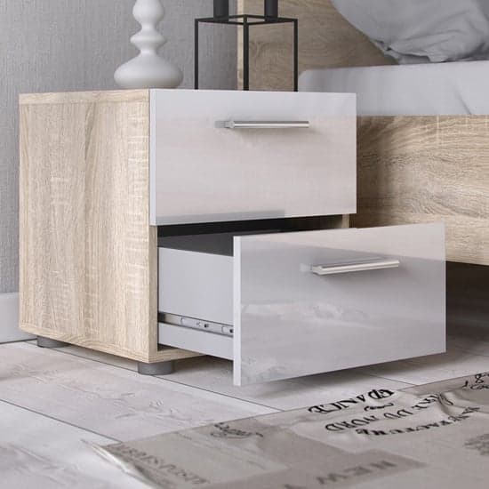 Perkin Wooden Bedside Cabinet In Oak And White Gloss 2 Drawers_2
