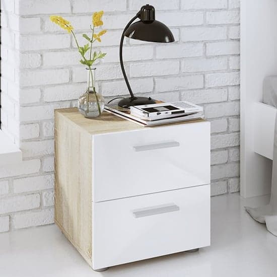 Perkin Wooden Bedside Cabinet In Oak And White Gloss 2 Drawers_1