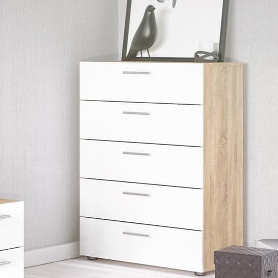 Perkin Wooden Chest Of Drawers In Oak And White Gloss 5 Drawers_2