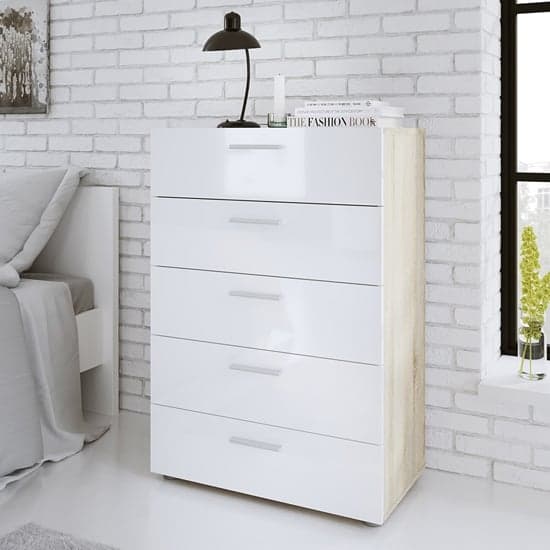 Perkin Wooden Chest Of Drawers In Oak And White Gloss 5 Drawers_1