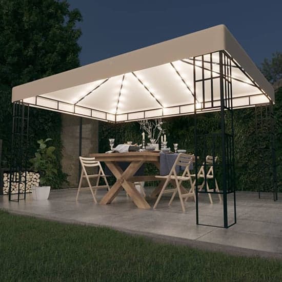 Piav Large Fabric Gazebo In Cream With LED String Lights_2