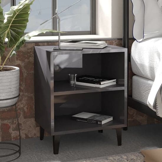 Pilvi High Gloss Bedside Cabinet In Grey With Metal Legs_1