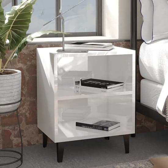 Pilvi High Gloss Bedside Cabinet In White With Metal Legs_1