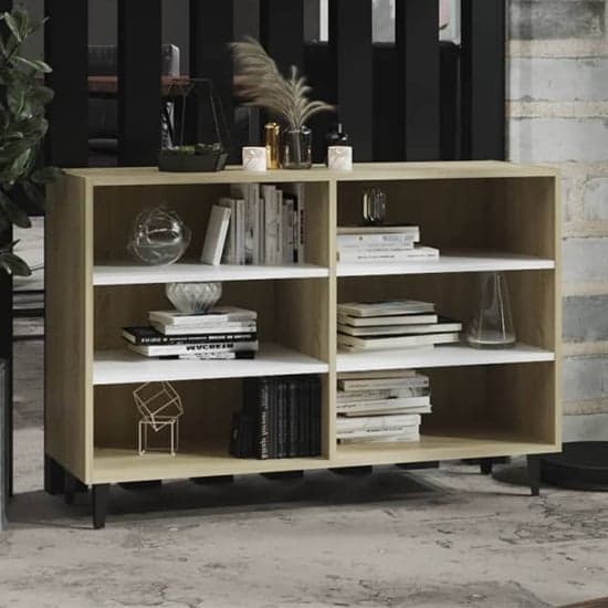 Pilvi Wooden Bookcase With 6 Shelves In White And Sonoma Oak_1