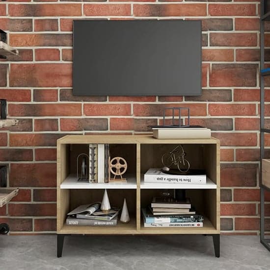 Pilvi Wooden TV Stand In White And Sonoma Oak With Metal Legs_1