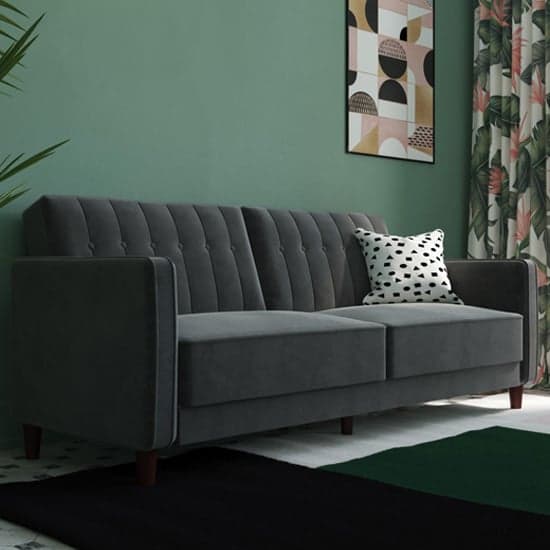 Pina Velvet Sofa Bed With Wooden Legs In Grey_1