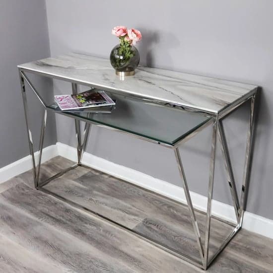 Pocatello Marble Effect Glass Console Table With Silver Frame_2