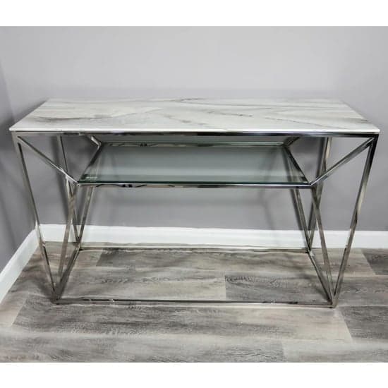 Pocatello Marble Effect Glass Console Table With Silver Frame_3