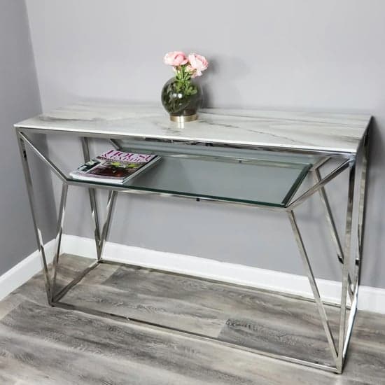 Pocatello Marble Effect Glass Console Table With Silver Frame_5