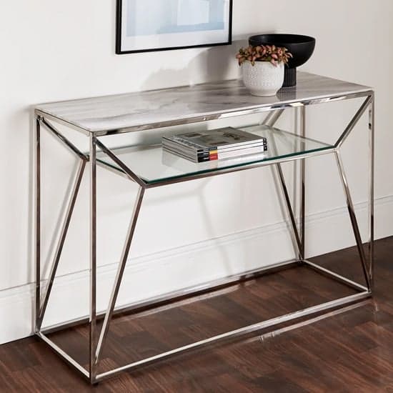 Pocatello Marble Effect Glass Console Table With Silver Frame_1