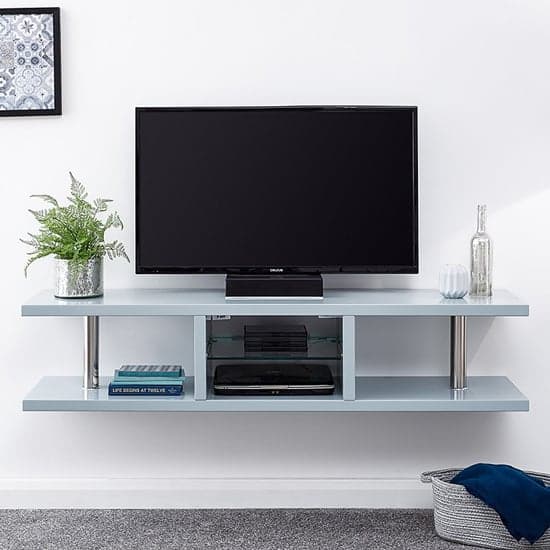 Powick High Gloss Wall Mounted TV Stand In Grey With LED_2