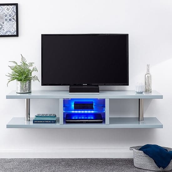 Powick High Gloss Wall Mounted TV Stand In Grey With LED_1