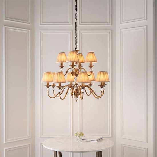 Polina 12 Lights Pendant Light In Antique Brass With Beige Shades_4