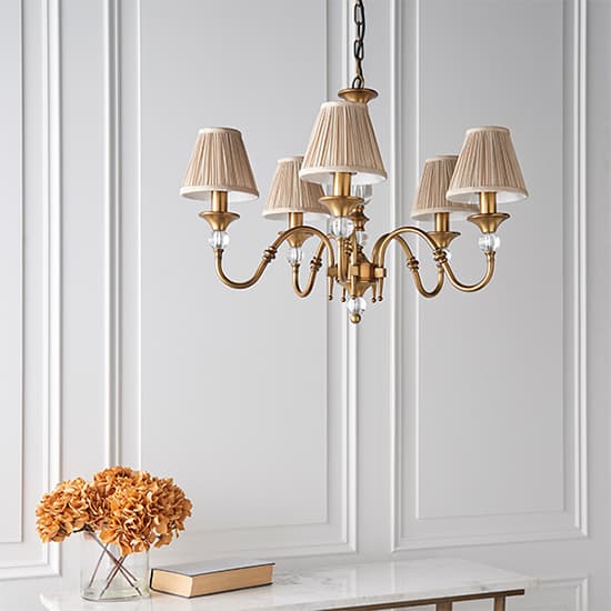 Polina 5 Lights Pendant Light In Antique Brass With Beige Shades_3