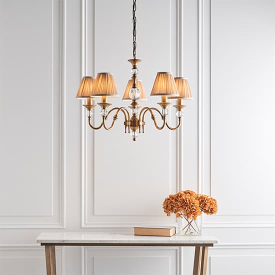 Polina 5 Lights Pendant Light In Antique Brass With Beige Shades_4