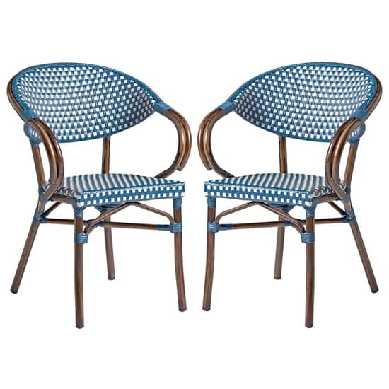 Ponte Outdoor White And Blue Weave Stacking Armchairs In Pair_1