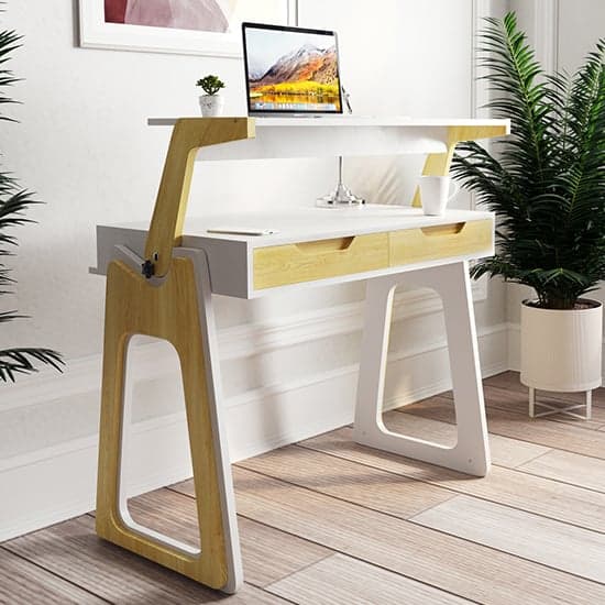 Poole High Gloss Lift-Up Computer Desk In White And Oak_1