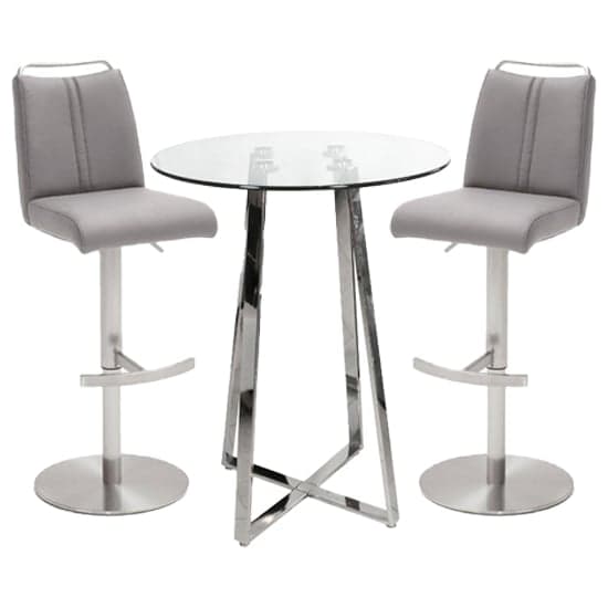 Poseur Round Glass Bar Table With 2 Giulia Ice Grey Stools Furniture