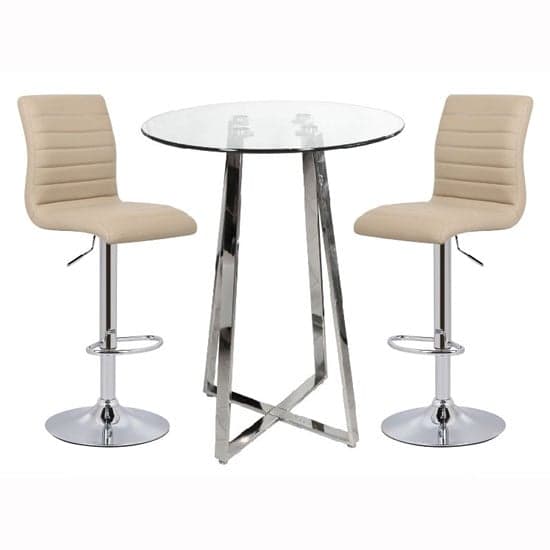 Poseur Bar Table In Clear Glass With 2 Ripple Stone Bar Stools_1