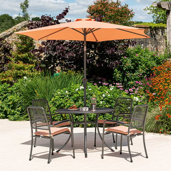 Prats Outdoor Dining Table With 4 Chairs And Parasol In Ochre_1