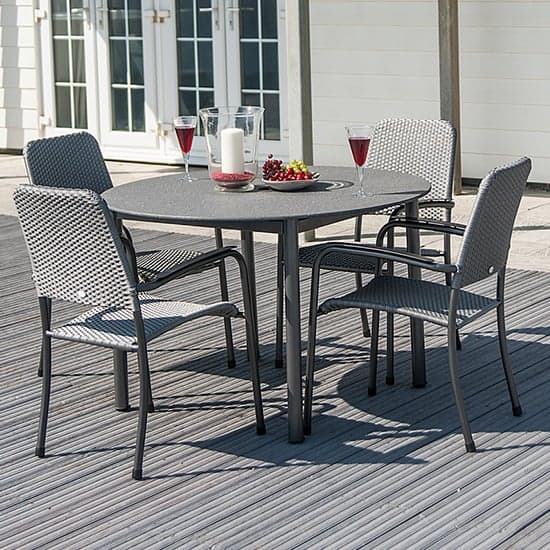 Prats Outdoor Stone Top Dining Table With 4 Armchairs In Grey_1