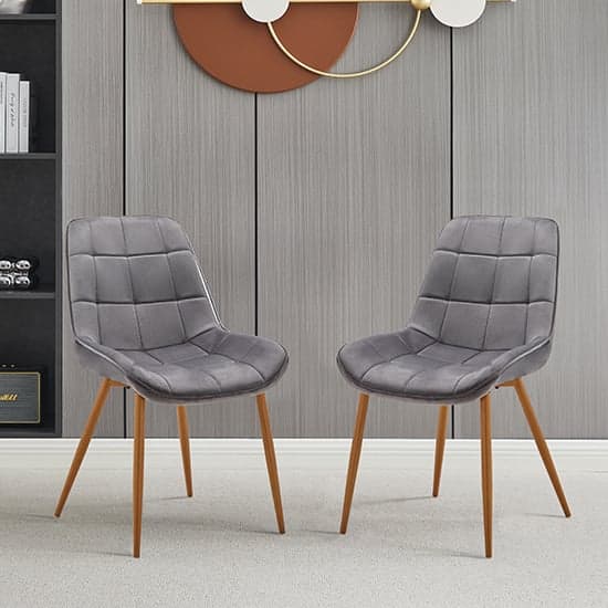 Primo Grey Fabric Dining Chairs With Oak Legs In Pair_2