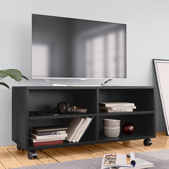 Qusay Wooden TV Stand With Castors In Black Furniture in Fashion