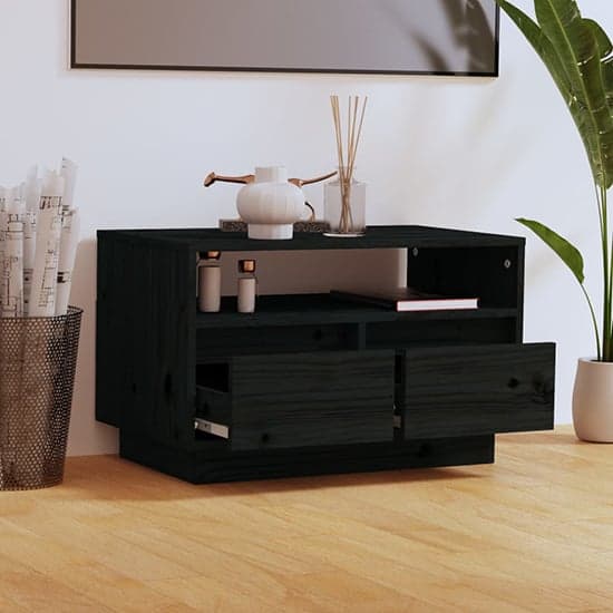 Qwara Pine Wood TV Stand With 2 Drawers In Black_2