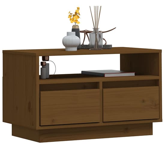 Qwara Pine Wood TV Stand With 2 Drawers In Honey Brown_3