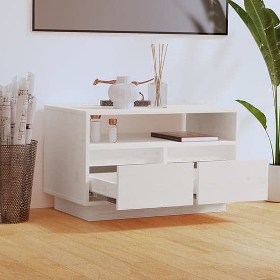 Qwara Pine Wood TV Stand With 2 Drawers In White_2