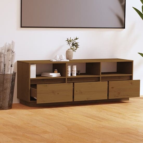 Qwara Pine Wood TV Stand With 3 Drawers In Honey Brown_2