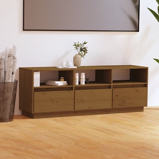 Qwara Pine Wood TV Stand With 3 Drawers In Honey Brown_1
