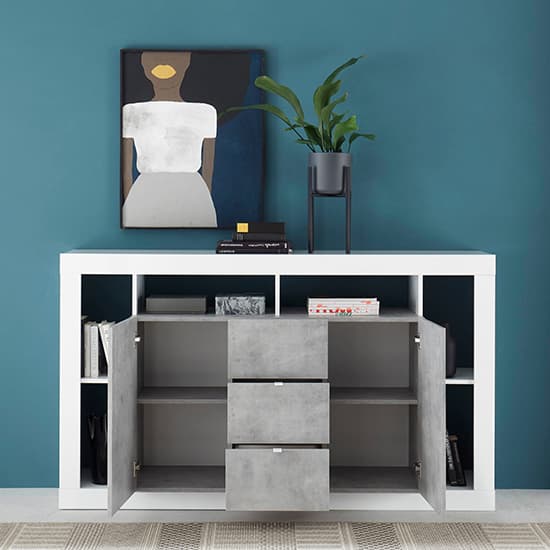Raya Gloss Sideboard With 2 Doors 3 Drawers In White Concrete_2