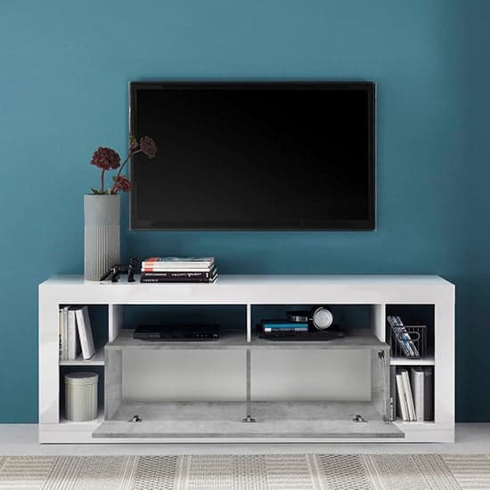 Raya Gloss TV Stand With 1 Flap Door In White Concrete Effect_2