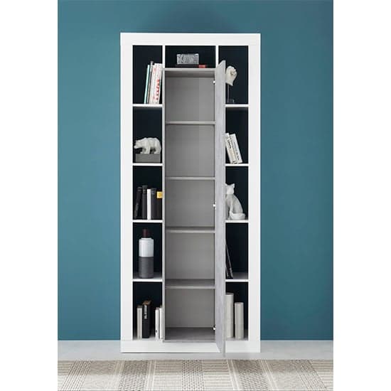 Raya High Gloss Bookcase With 1 Door In White Concrete Effect_2