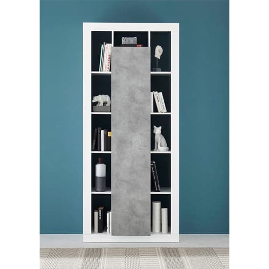 Raya High Gloss Bookcase With 1 Door In White Concrete Effect_1
