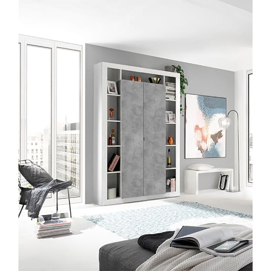 Raya High Gloss Bookcase With 2 Doors In White Concrete Effect_5