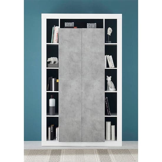 Raya High Gloss Bookcase With 2 Doors In White Concrete Effect_1