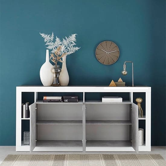 Raya High Gloss Sideboard With 4 Doors In White Concrete Effect_2