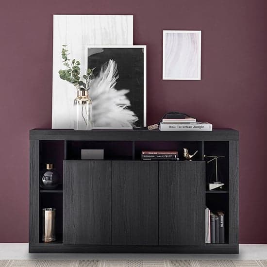 Raya Wooden Sideboard With 3 Doors And Mirror In Black Ash_2