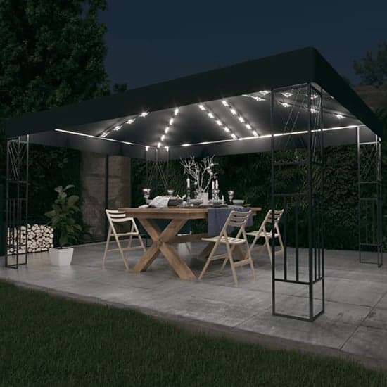 Raziel Large Fabric Gazebo In Anthracite With LED String Lights_2