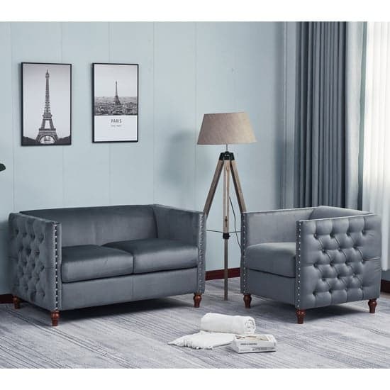 Reggio Plush Velvet 3+2+1 Sofa Set In Grey With Wooden Legs_2