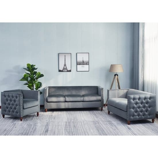 Reggio Plush Velvet 3+2+1 Sofa Set In Grey With Wooden Legs_1