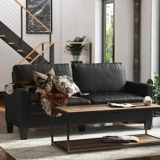 Riga Faux Leather 2 Seater Sofa In Black With Wood Pyramid Legs_1