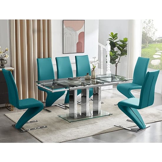 Rihanna Extending Clear Dining Table With 6 Demi Z Teal Chairs_1
